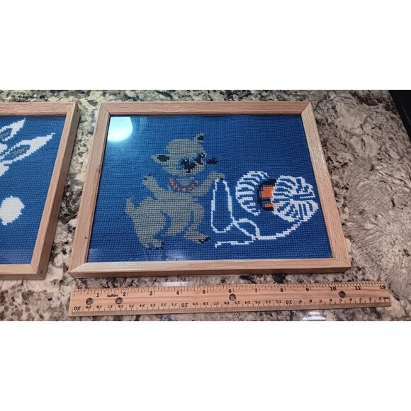 Vintage Two Needlepoint Art Complete Rabbit Kitten Cat Yarn Cross Stitch Framed - Picture 3 of 16